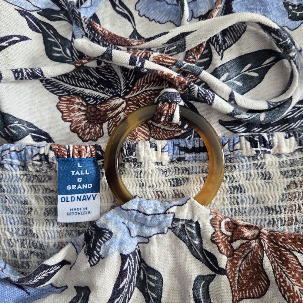 OLD NAVY Floral Halter Neck Blue Brown And White Linen Blend Romper - Picture 14 of 16